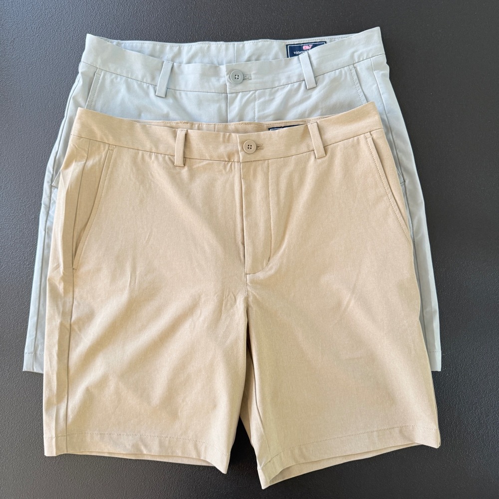 Vineyard Vines Breaker Shorts Men 33 Tan Green Performance Stretch Khaki Golf